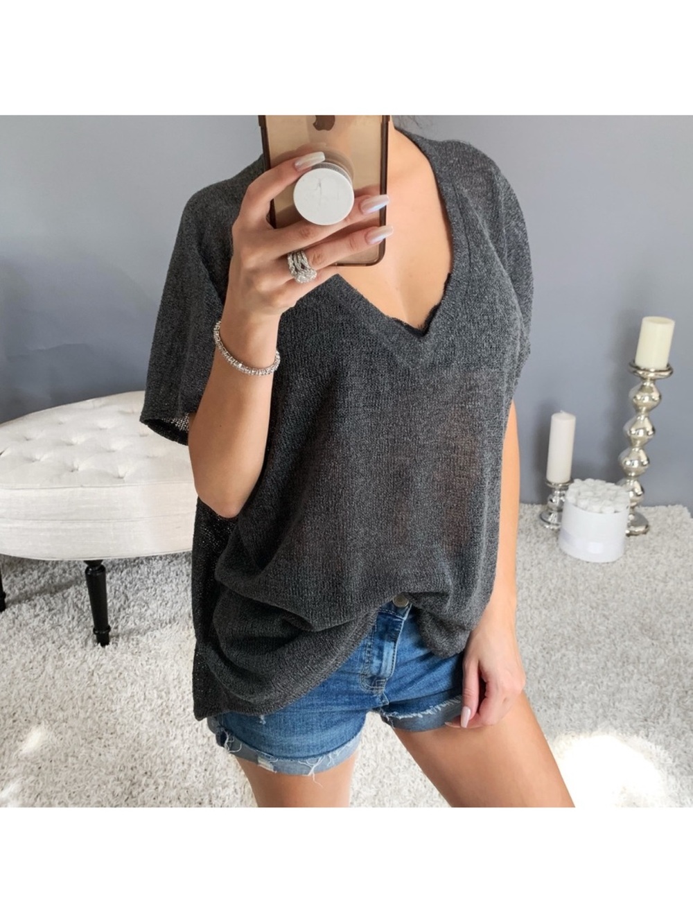 Women's Charcoal V-Neck Knit Top Size Large